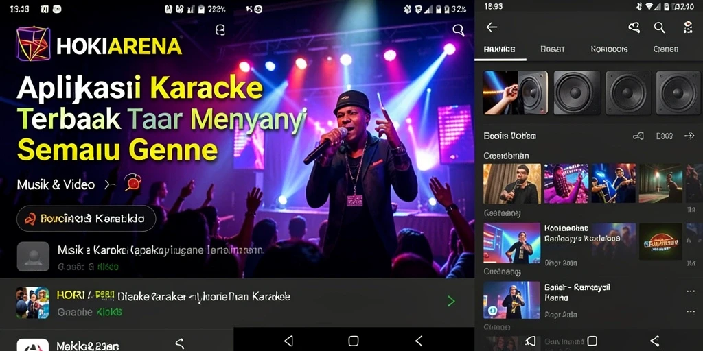 Screenshot aplikasi HOKIARENA menampilkan antarmuka pengguna yang menarik dan fungsi karaoke.