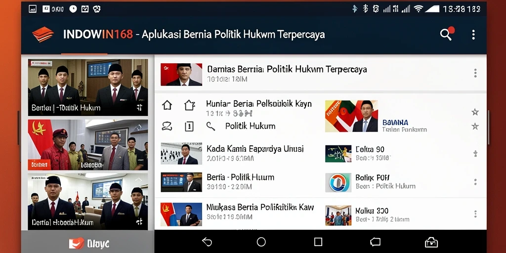 Tampilan antarmuka aplikasi INDOWIN168 untuk berita Politik Hukum.